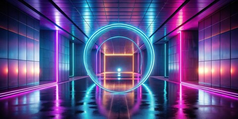Leinwandbilder - Abstract Futuristic Neon Corridor with Glowing Circular Light Installation and Reflective Wet Floor