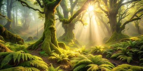 Poster - Sunbeams Illuminate Ancient Forest, Mossy Trees and Lush Ferns Flourishing in Mystical Green Canopy