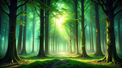 Poster - Sunbeams Illuminate a Mystical Path Through an Enchanting Green Forest, Where Sunlight Filters Through Dense Canopy, Creating a Dreamlike Atmosphere