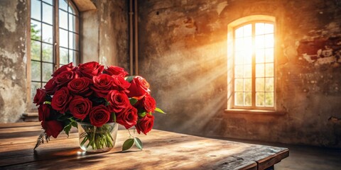 Poster - A vibrant bouquet of deep red roses in a clear glass vase sits on a rustic wooden table, bathed in the warm glow of sunlight streaming through an old window.