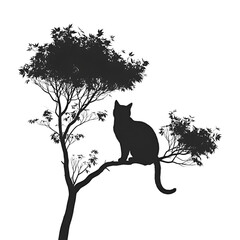 Cat silhouette perched on tree branch against a plain isolated background design