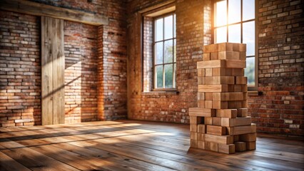 Poster - Sunlit Rustic Room with Stacked Wooden Blocks Forming an Abstract Structure