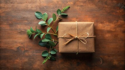 Poster - A thoughtfully wrapped gift rests on a rustic wooden surface, adorned with a sprig of fresh greenery, conveying a sense of simple elegance and heartfelt presentation.