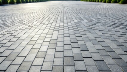 Leinwandbilder - a sunlit perspective of a newly installed gray rectangular paving stone walkway with low shrubs on e
