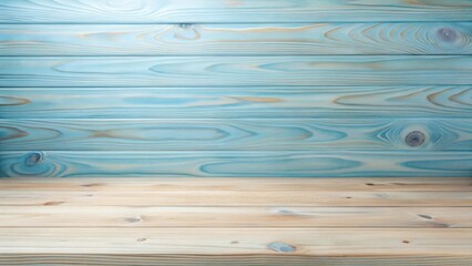 Poster - Pastel Blue Wooden Wall and Light Wooden Floor Background for Product Display