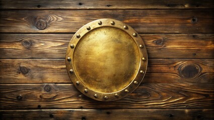 Aufkleber - Antique Brass Shield on Rustic Wooden Background A Decorative Element for Design Projects