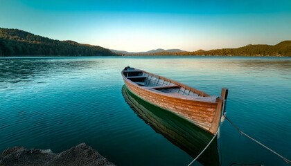  Pequeño barco de madera en un tranquilo lago verde azulado al amanecer, fotografía hiperrealista