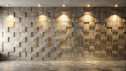 Aufkleber - Modern Interior Design Featuring a Textured Wall of Cubic Tiles Under Warm Recessed Lighting