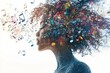 © AI04 - A woman is vividly portrayed as being completely absorbed in music, with an array of colorful notes and artistic elements enveloping her, which conjures up a feeling of imaginative escape and