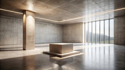 Poster - Modern Minimalist Concrete Interior with Elevated Platform and Sunlight Streaming Through Large Window