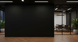 © ameena - Modern black wall mockup in office with wooden floor and meeting room visible through glass wall on right side under ceiling lights at night,professional, indoor, architecture, ai, generative, illustr