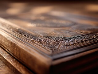 Poster - Intricate craftsmanship of a wooden Quran stand illuminated by gentle ambient light