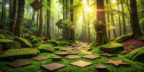 Poster - Sunlit Forest Path with Mossy Rocks and Geometric Stone Stepping Stones