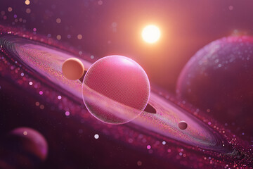Wall Mural - Futuristic Pink Digital Solar System with Glowing Ringed Planets