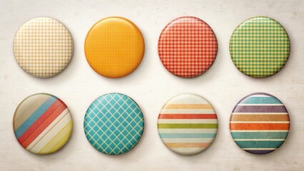 Poster - Collection of Eight Retro-Styled Circular Badges with Various Geometric Patterns and Textured Surfaces
