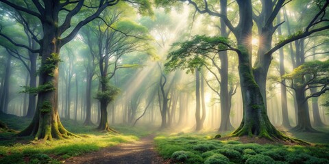 Poster - Sunbeams Illuminate a Mystical Forest Path, Where Ancient Trees Stand Tall and Mossy, Creating a Serene and Dreamlike Atmosphere