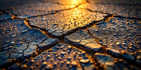 Leinwandbilder - Arid Landscape at Sunset  Cracked Earth Surface with Embedded Pebbles Illuminated by Golden Light