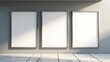 © donny - 'contemporary poster gallery displayed on sleek grey building wall, series of blank poster frames for mockup, empty outdoor space, professional minimal design, shadow play from sunlight, photorealisti