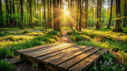 Poster - Serene Woodland Path Leading to a Rustic Wooden Picnic Table Bathed in Golden Sunlight