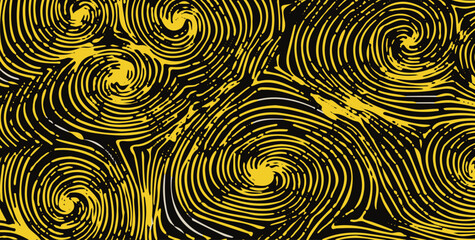 Fototapete - Abstract vector illustration featuring swirling yellow and black lines, forming spiral and vortex shapes, creating a dynamic and hypnotic visual pattern.
