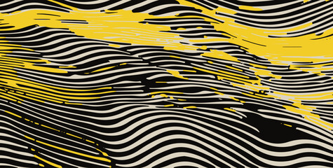 Fototapete - Abstract vector illustration with wavy black and beige lines and dynamic yellow streaks, creating a sense of movement and fluidity in a modern, artistic pattern.