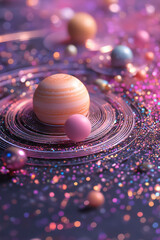 Wall Mural - whimsical pink holographic solar system fantasy planets and orbit rings sparkling cosmic dreamscape illustration