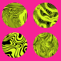 Fototapete - Vector illustration featuring four circles with psychedelic, wavy abstract patterns in yellow and green neon colors. Each circle has a unique, trippy design for a bold, modern look.