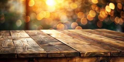 Leinwandbilder - Rustic Wooden Tabletop Against a Warm, Blurred Background of Golden Lights Perfect for Product Displays or Festive Scenes