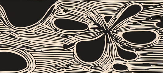 Fototapete - Abstract vector illustration with flowing beige lines and organic black shapes, creating a dynamic, fluid pattern resembling wood grain or psychedelic art.
