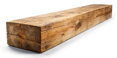 Poster - A weathered, rustic, rectangular timber beam, showcasing its natural grain and knot details, isolated on a bright white background.