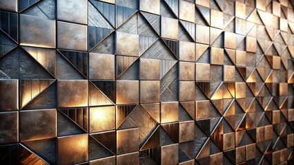 Poster - Illuminated Geometric Metal Wall Panel Design Featuring Interlocking Squares and Triangles