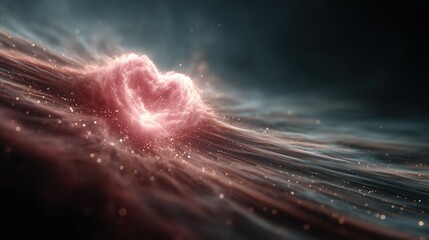 Wall Mural - soft pink heart-shaped cosmic nebula with sparkling stars and flowing energy trails on a dark blue g