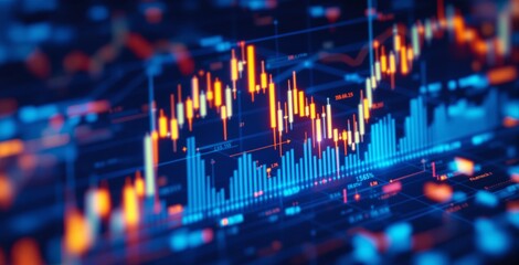 Wall Mural - abstract colorful financial chart with glowing candlesticks, bars, and numerical data on a futuristi