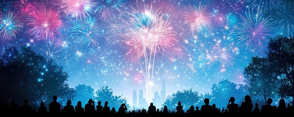 A crowd watches colorful fireworks exploding over a city skyline, lighting up the night sky with vibrant patterns.