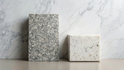 Aufkleber - Two Textured Stone Blocks Resting on a Neutral Surface Against a Marble Backdrop