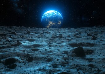 a rocky, cratered lunar surface stretches towards a vibrant blue earth rising in the starry night sk