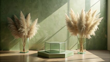Aufkleber - Serene Minimalist Display Featuring Pampas Grass in Glass Vessels on a Pale Green Hexagonal Pedestal Against a Textured Sage Green Wall