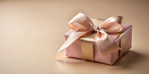 Aufkleber - A delicately wrapped gift box, adorned with a luxurious satin ribbon and bow, rests on a subtly textured surface.  The soft, muted tones create an elegant and sophisticated aesthetic.