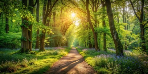 Poster - Sunlit Path Through a Verdant Forest, Bathed in Golden Hour Light, with Delicate Wildflowers Lining the Way