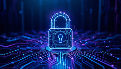 A digital padlock on binary code symbolizes computer security and data protection in the technology network