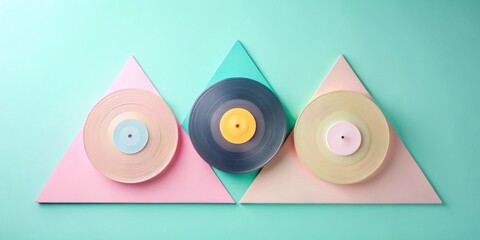 Fototapete - Pastel Records on Triangular Background A Stylish Composition of Circular Shapes and Geometric Forms
