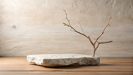 Poster - Rustic Stone Display Platform with Branch and New Growth, Perfect for Product Presentation or Minimalist Still Life Photography