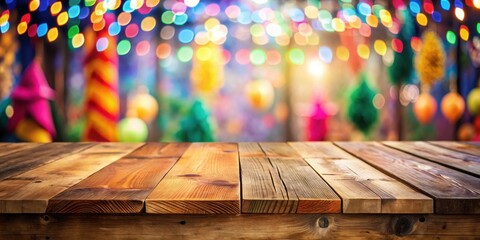 Aufkleber - Rustic Wooden Tabletop with Vibrant, Defocused Festive Background of Colorful Lights and Decorations
