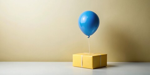 Aufkleber - A single bright blue balloon effortlessly lifts a small, wrapped yellow gift box against a pale backdrop.