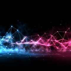 Poster - Futuristic Network Connection: Blue and Pink Plexus on Dark Background with Smoke and Particles 