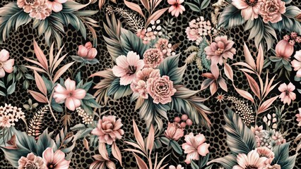 Poster - Luxurious Floral Design Featuring Dusty Pink Blooms and Lush Tropical Foliage on a Dark Leopard Print Background