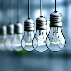 Fototapete - Illuminating Innovation: A Row of Light Bulbs Showcasing Different Lighting Technologies and the Evolution of Energy-Efficient Lighting.