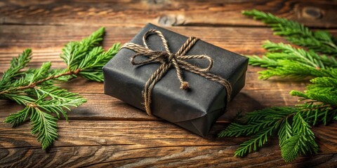 Poster - A simply wrapped dark present sits on a rustic wooden surface, adorned with vibrant evergreen sprigs