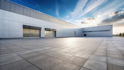 Poster - Modern Architectural Exterior with Expansive Paved Plaza Under a Partly Cloudy Sky