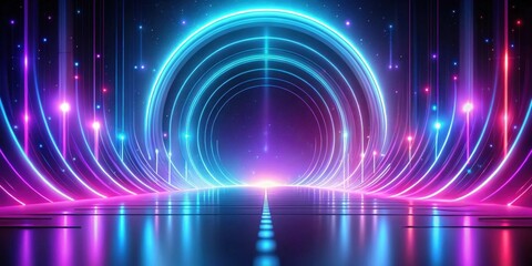 Poster - Futuristic Neon Pathway Leading to a Glowing Circular Portal in a Starry Nightscape